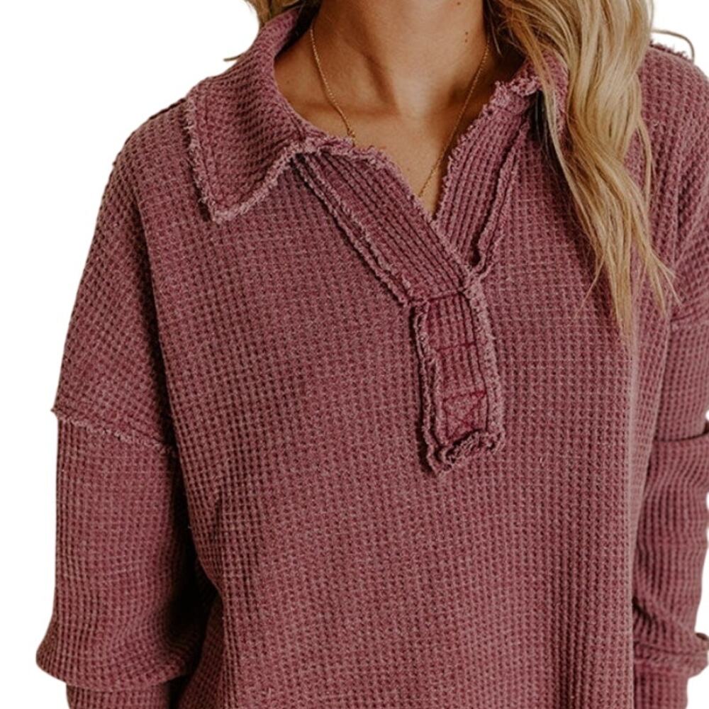 Rae Mode Chunky Waffle Knit Top Womens Size 1X Sangria Vintage Wash Oversized